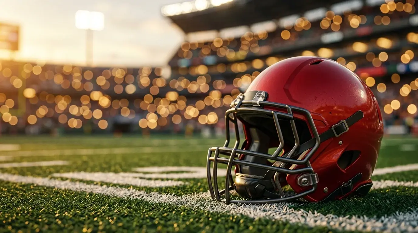 Red American football helmet resting on a gridiron field with stadium lights in the background
