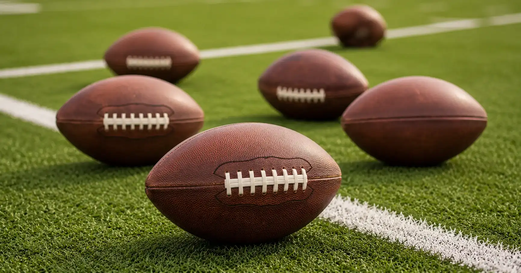 Multiple American footballs arranged on a grass field highlighting the multi-leg concept of accumulator bets