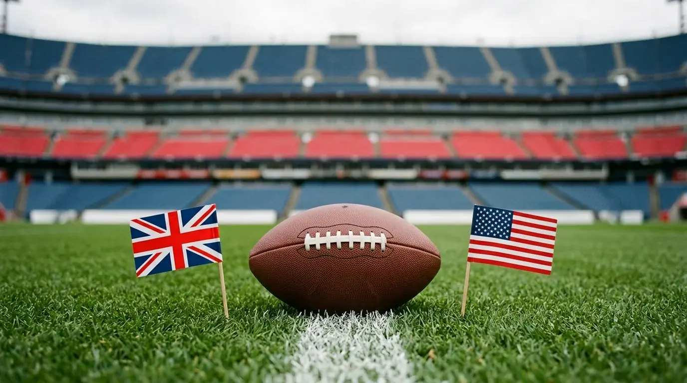 Split-view of an American football on a gridiron field with a British Union Jack flag draped on one side