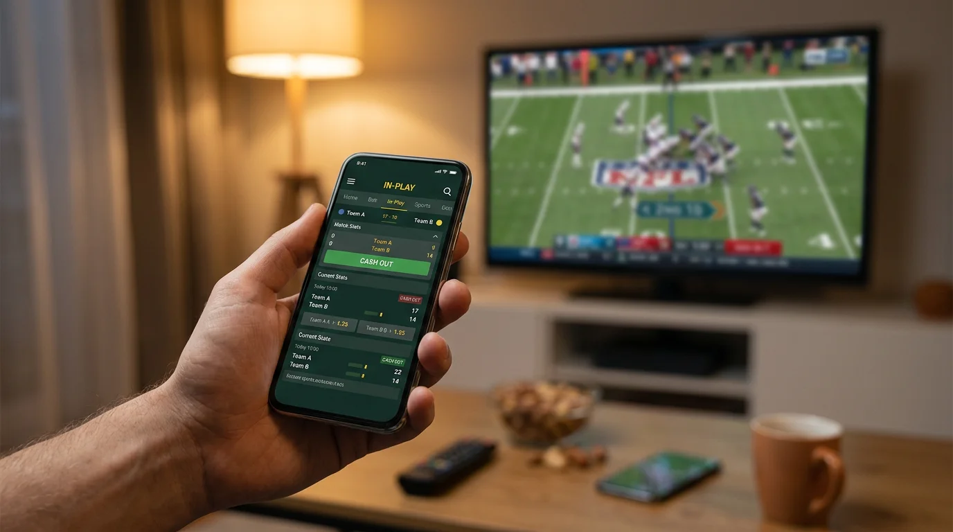 A hand holding a smartphone with an NFL in-play betting screen showing a cash out button during a live game