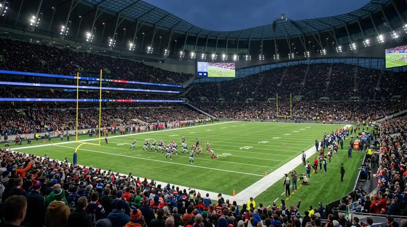 NFL game being played at a packed London stadium with British fans in the stands