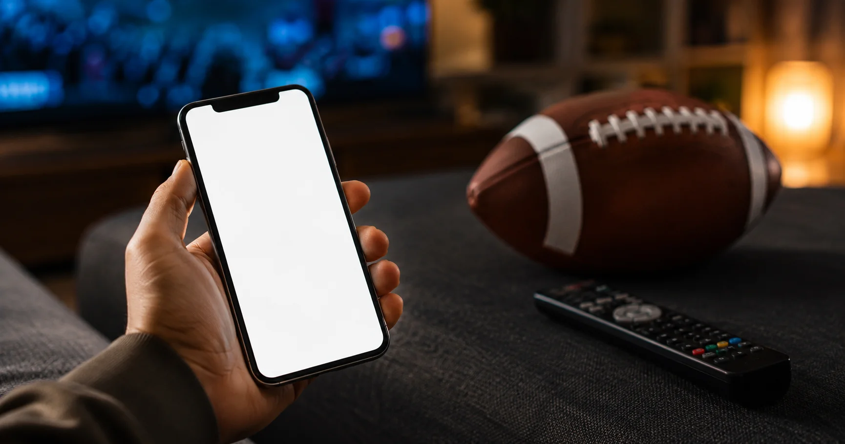 Smartphone held in hand with an American football and television remote on a sofa in the background