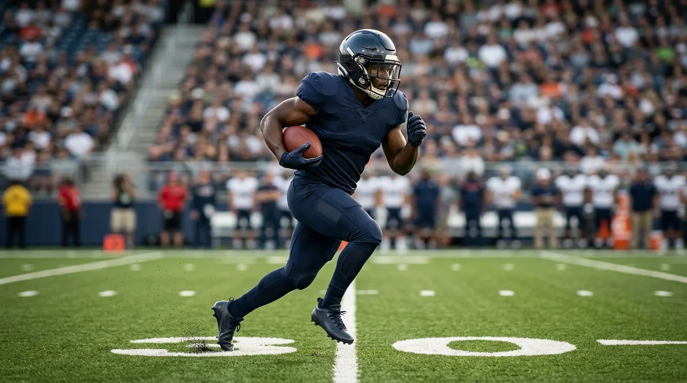 NFL running back carrying the football mid-stride on a gridiron field during a game