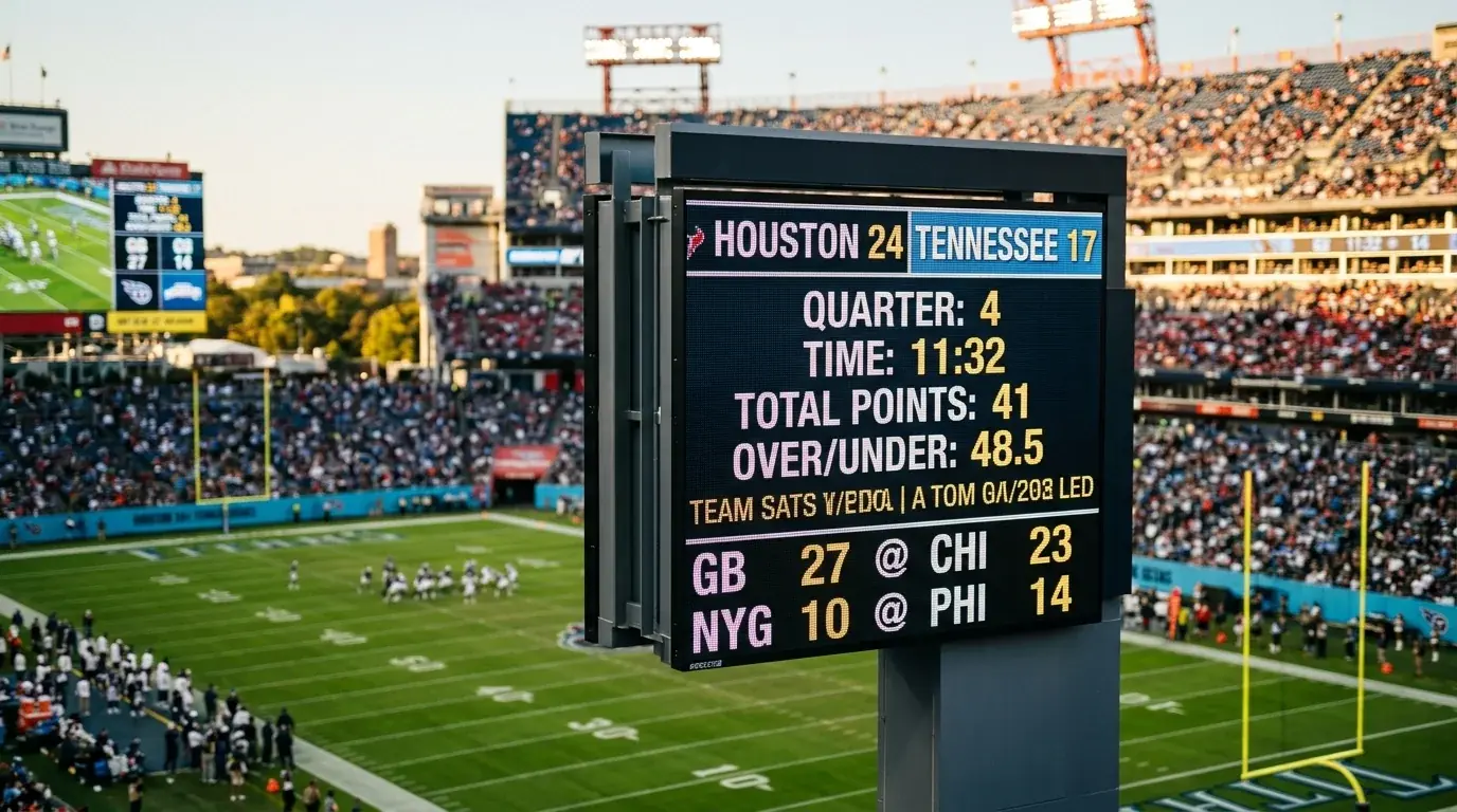 Close-up of an NFL scoreboard showing combined point totals during a game at an outdoor American football stadium