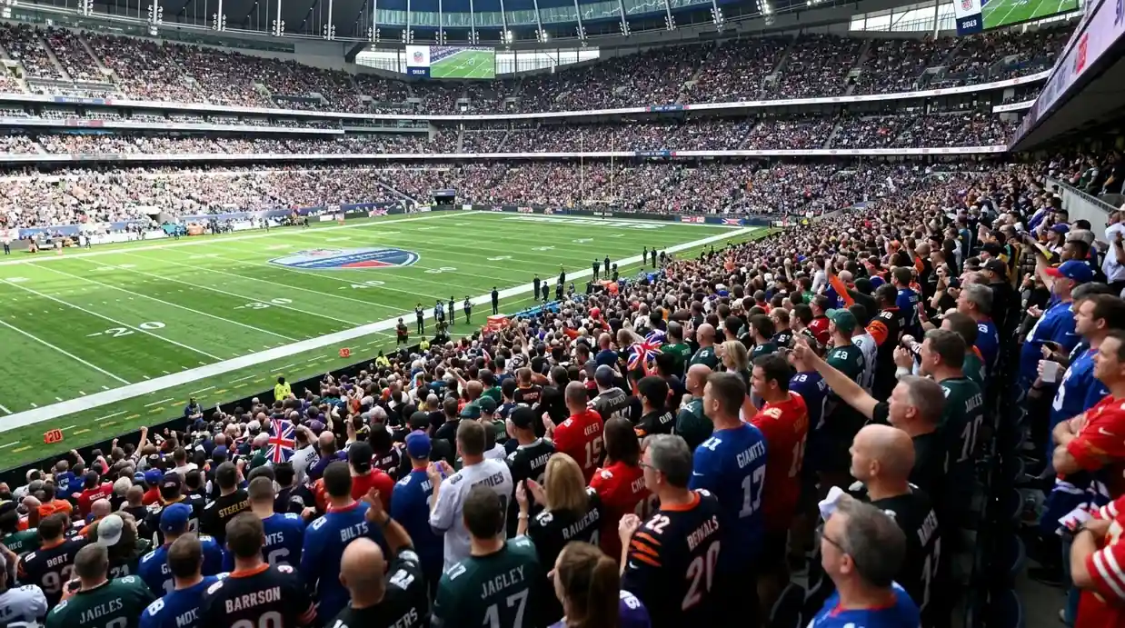Crowd of fans wearing NFL jerseys at an NFL London game inside a large stadium with the pitch visible below